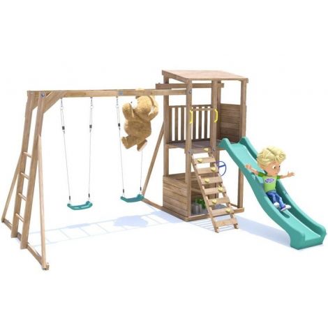 Complex de joaca SquirrelFort cu leagane si monkeybar,  tobogan verde, Dunster House - imagine 7